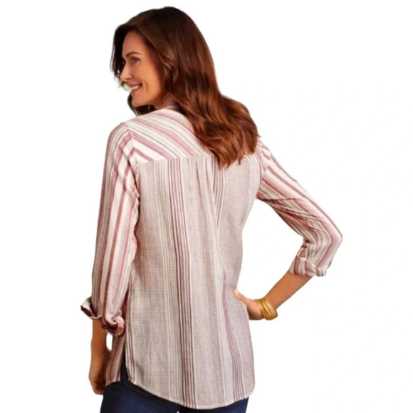 Soft Surroundings Long Sleeve Roll Tab Beaded Neckline Striped‎ Top Size XL - Picture 2 of 6